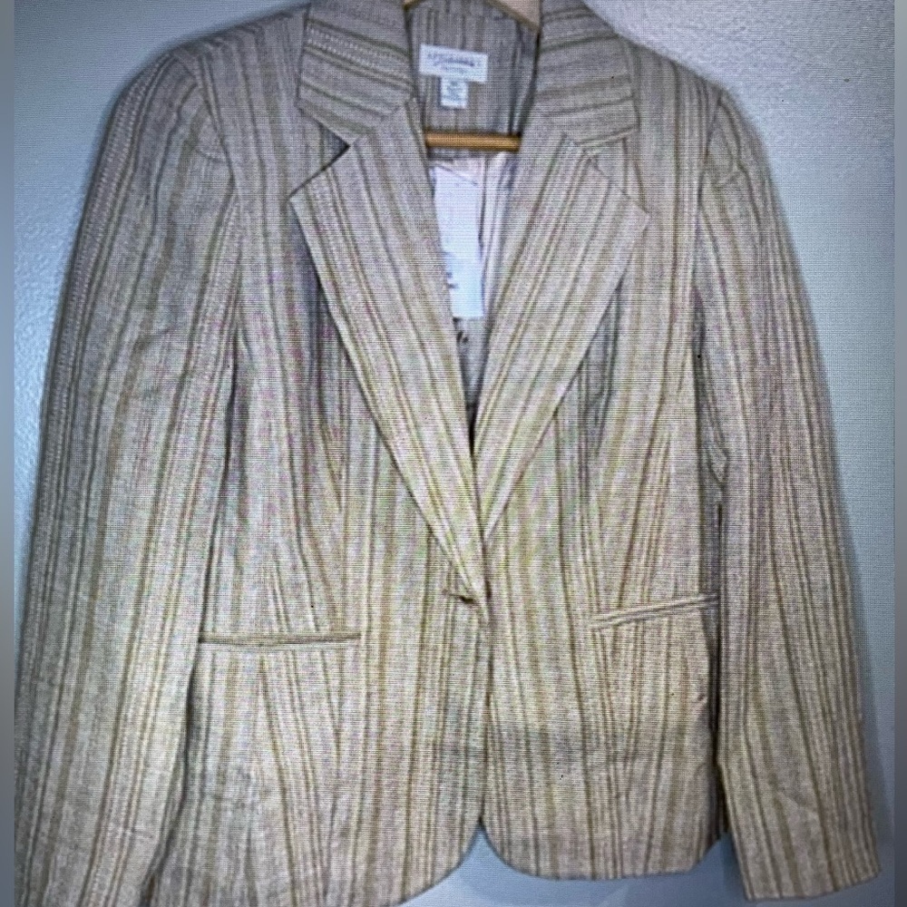 Appleseeds Womens Beige stripes One Button Carrier Casual Blazer Sz 8P NWT